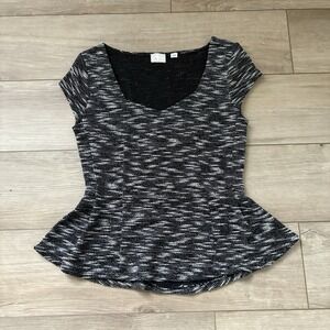 Anthropologie Postcard Top Womens S Black Textured Cap Sleeve Peplum Ruffle Hem